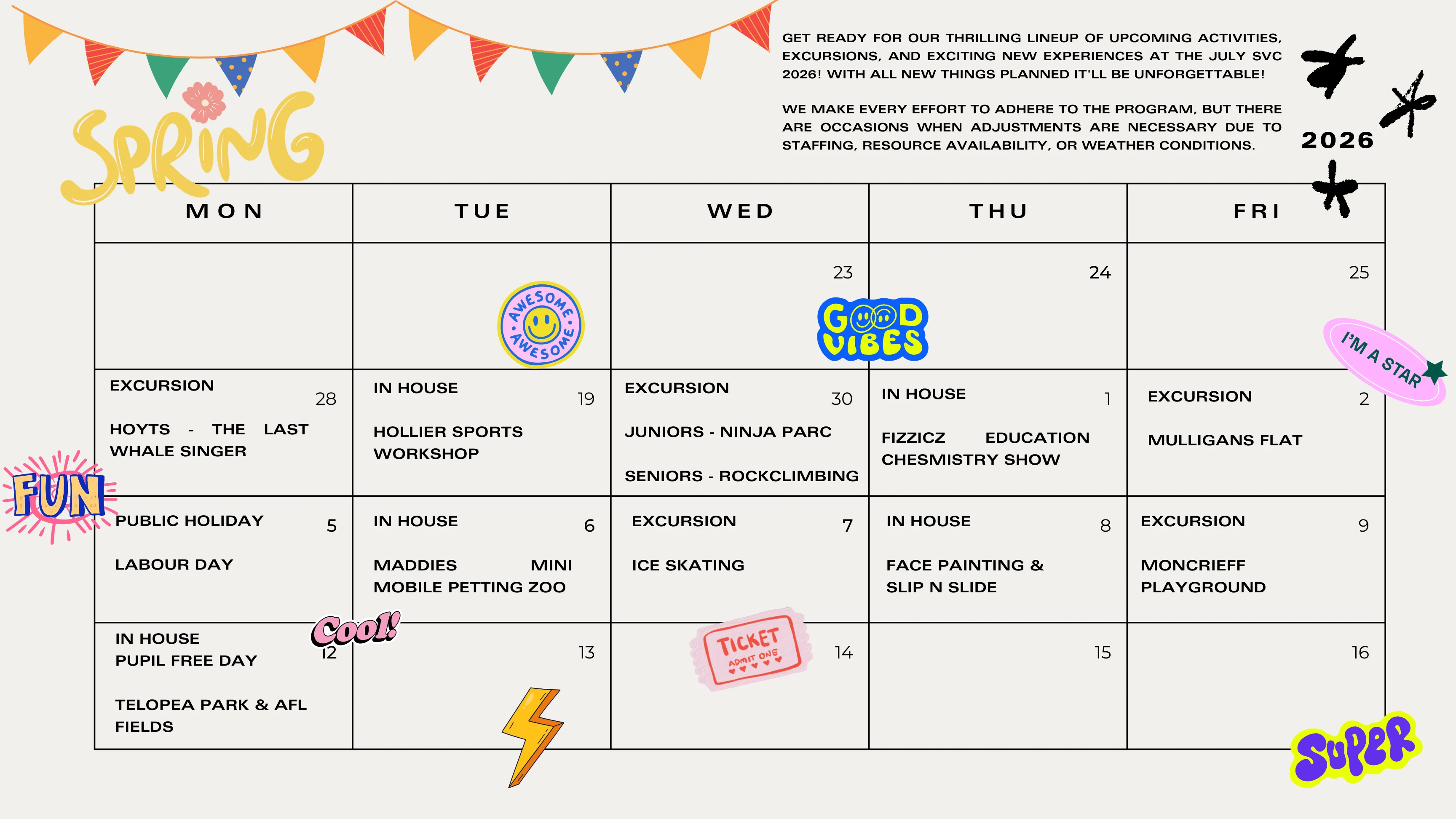 Spring 2026 School Vacation Care calendar - page 1